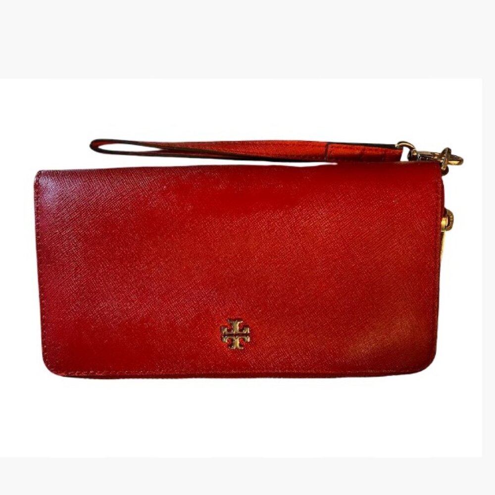 Tory Burch Round Zip Medium Continental Wallet in Red Saffiano Leather EUC